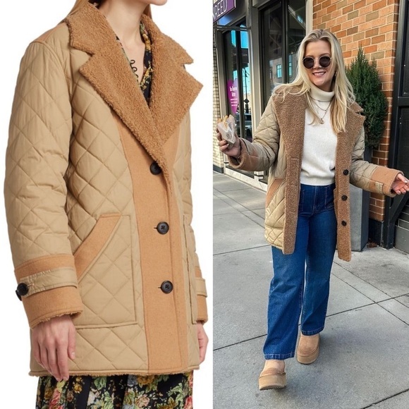 DEREK LAM 70s Reversible Wool Blend Quilted Faux Shearling Oversized Barn Coat 6 - Picture 8 of 17